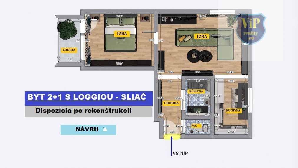 ViP video. Byt 2+1, 58m2 s loggia, tehlový, Sliač kúpele