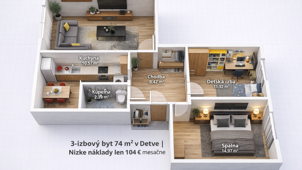 REZERVOVANÉ.  3-izbák 74m2 v Detva Dolinky s nákladmi 104 €
