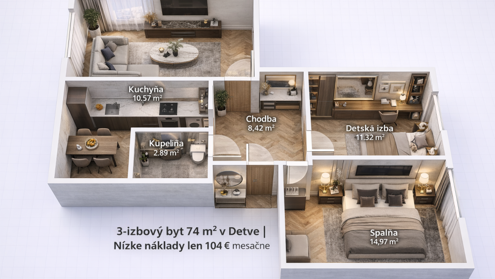 REZERVOVANÉ.  3-izbák 74m2 v Detva Dolinky s nákladmi 104 €