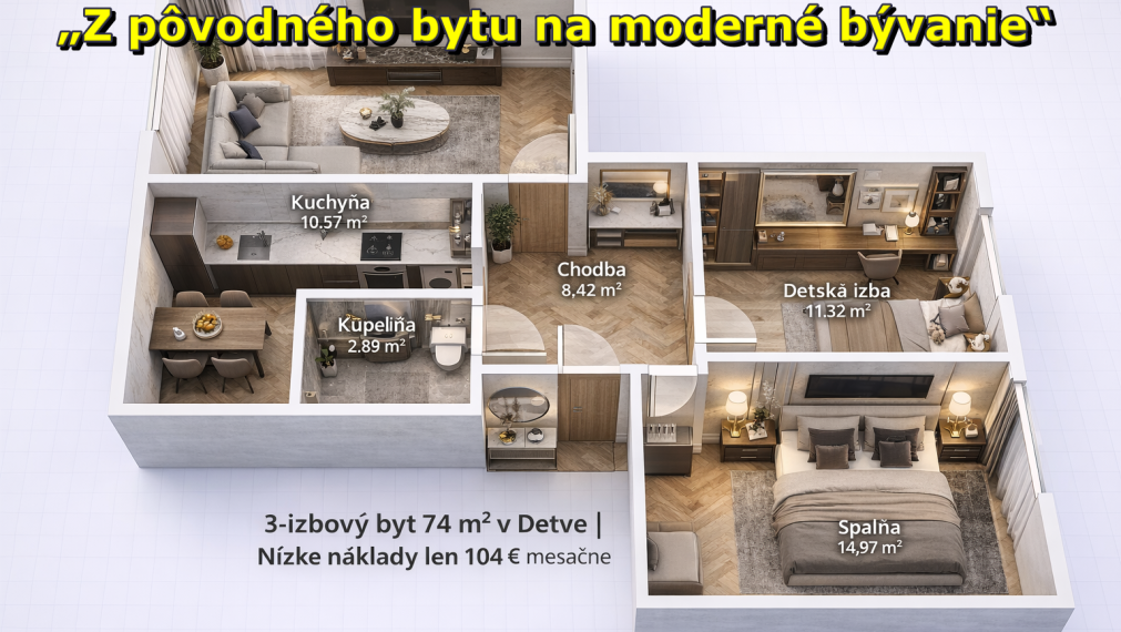 REZERVOVANÉ.  3-izbák 74m2 v Detva Dolinky s nákladmi 104 €