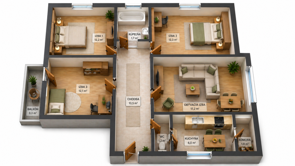 Tehlový 4-izbový byt Podkonice | byt, balkón, garáž, dielňa