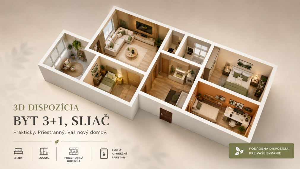 ViP. 3-izbový byt Sliač Rybárska, 66 m², plus loggia 9m2