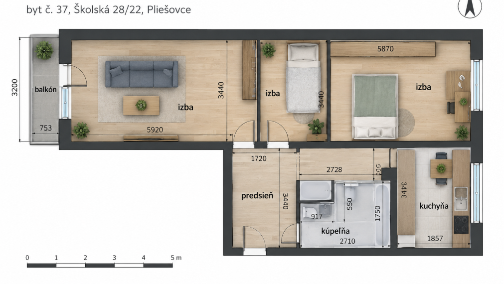 ViP. Veľký 2-i byt 64 m² + balkón, mur. jadro, Pliešovce