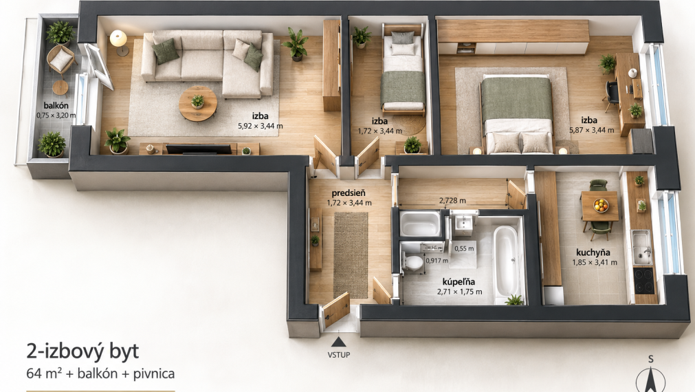 ViP. Veľký 2-i byt 64 m² + balkón, mur. jadro, Pliešovce